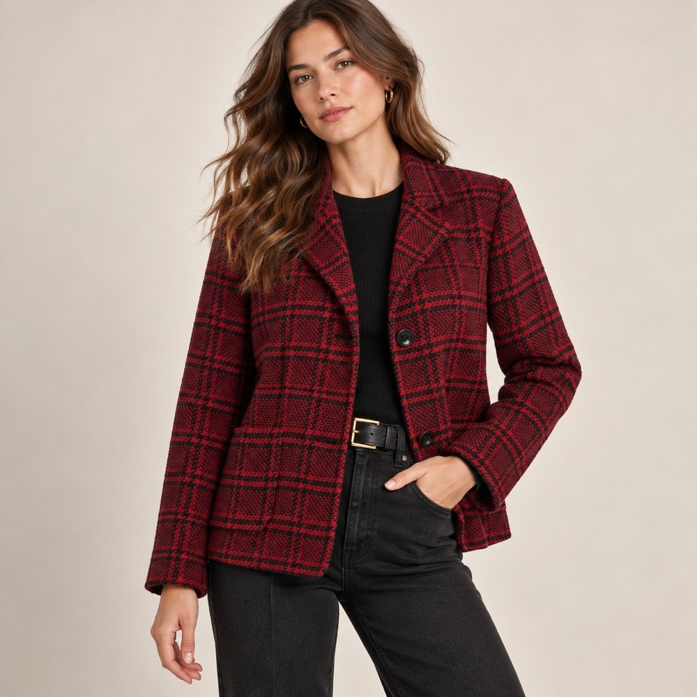 Talbots Blazer Women 14P Red Plaid Wool Blend Button Up Jacket Preppy Heritage